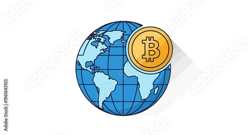 Conceptual flat design portraying the global reach of Bitcoin, symbolizing digital currency transactions worldwide, highlighting financial technology and cryptocurrency usage against a clean