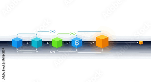 Abstract blockchain technology representation featuring colorful 3D cube blocks connected by lines showcasing data flow and digital transaction sequences, modern minimalist design aesthetic.