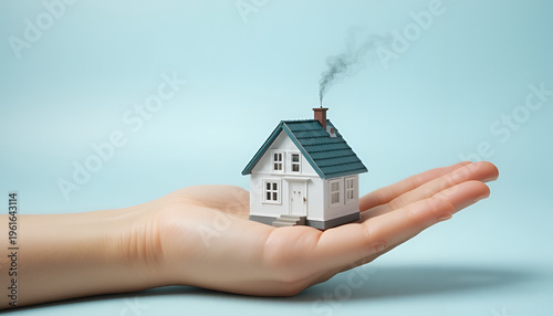 A hand cradling a small white house with a green roof and smoke coming out of the chimney
