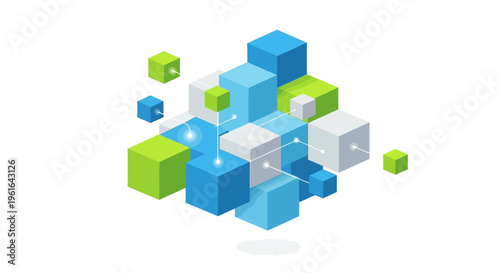 Abstract composition of colorful 3D cubes interconnected by lines, representing networking, technology, data, or building blocks, isolated on white background, flat design, isometric view.