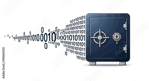 Conceptual representation of cybersecurity and digital data protection, depicting a secure safe guarding binary code flowing outward, symbolizing secure data storage and information privacy.