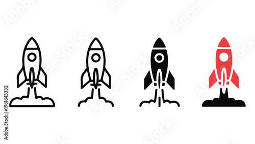 Four rocket ship icons in different styles and colors depicting space travel