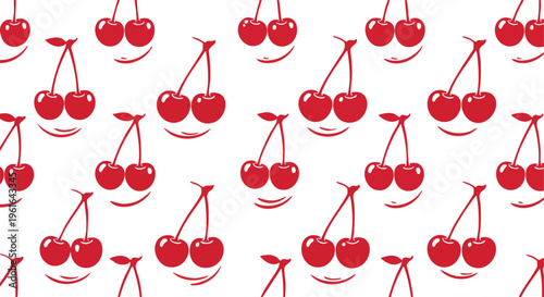 Red cherry fruit pattern with abstract smiles on a bright white background for decorative textile designs and cheerful digital wallpapers