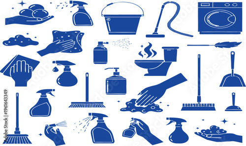 A collection of blue cleaning supplies and tools are displayed including spray bottles buckets and a washing machine high quality professional detailed modern elegant stylish clean