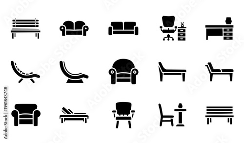 Comfort Furniture Icon Set Filled Style Sofa Chair Bench Vector
