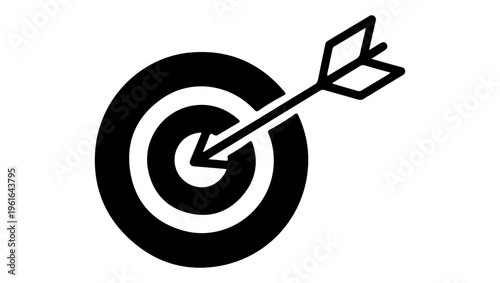 A black and white illustration of a target with an arrow hitting the bullseye