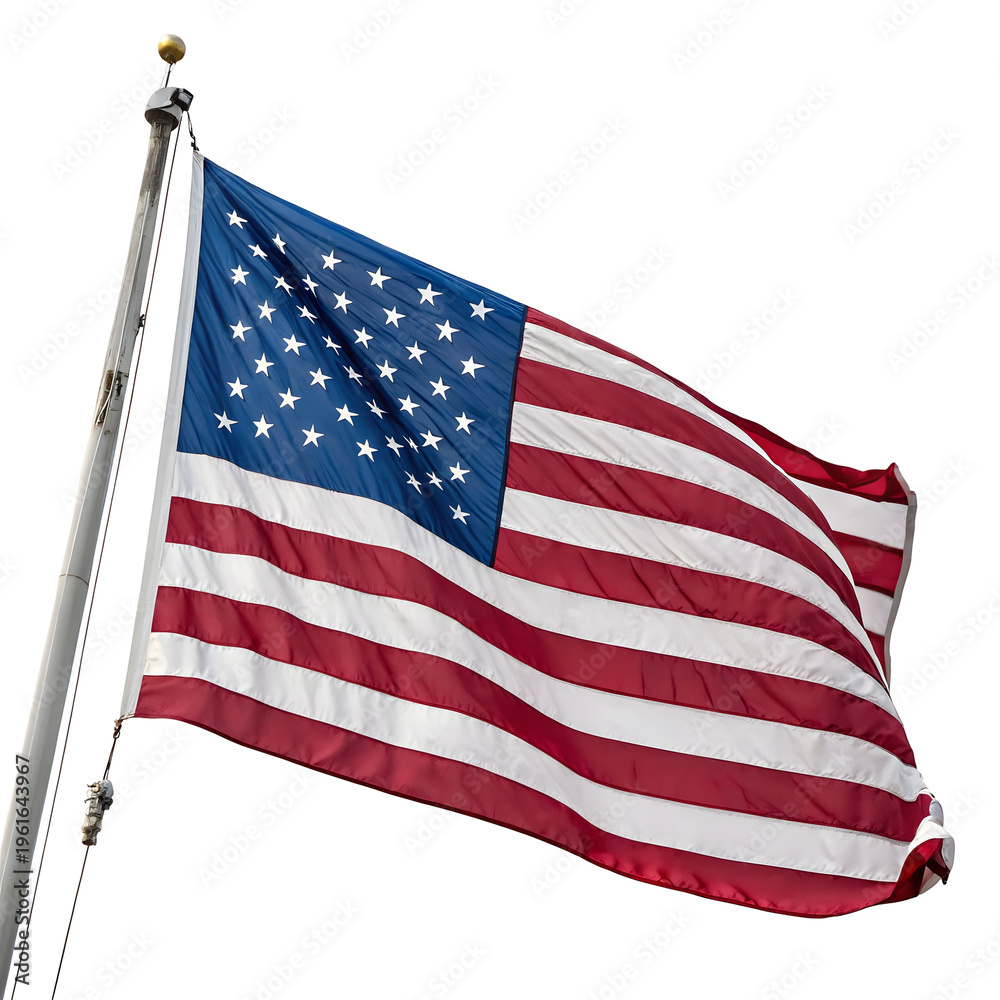 Fototapeta premium American flag waving on a flagpole isolated on transparent background