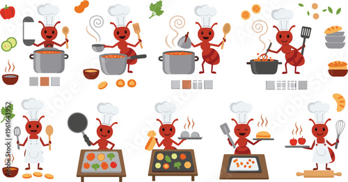 Cute Ant Chef Cooking Illustration Set with Cartoon Insects Preparing Food Using Kitchen Tools Pots and Ingredients for Culinary and Restaurant Design Projects