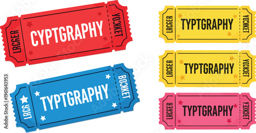 Colorful typography ticket labels vector set with bold text and retro style admission stubs perfect for design, branding and promotional materials