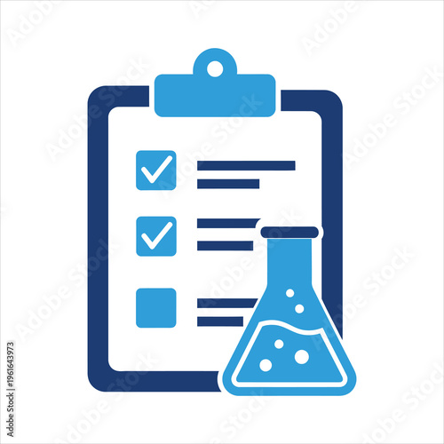 Clipboard with a checklist and a bubbling flask suggests successful scientific testing and quality control documentation.