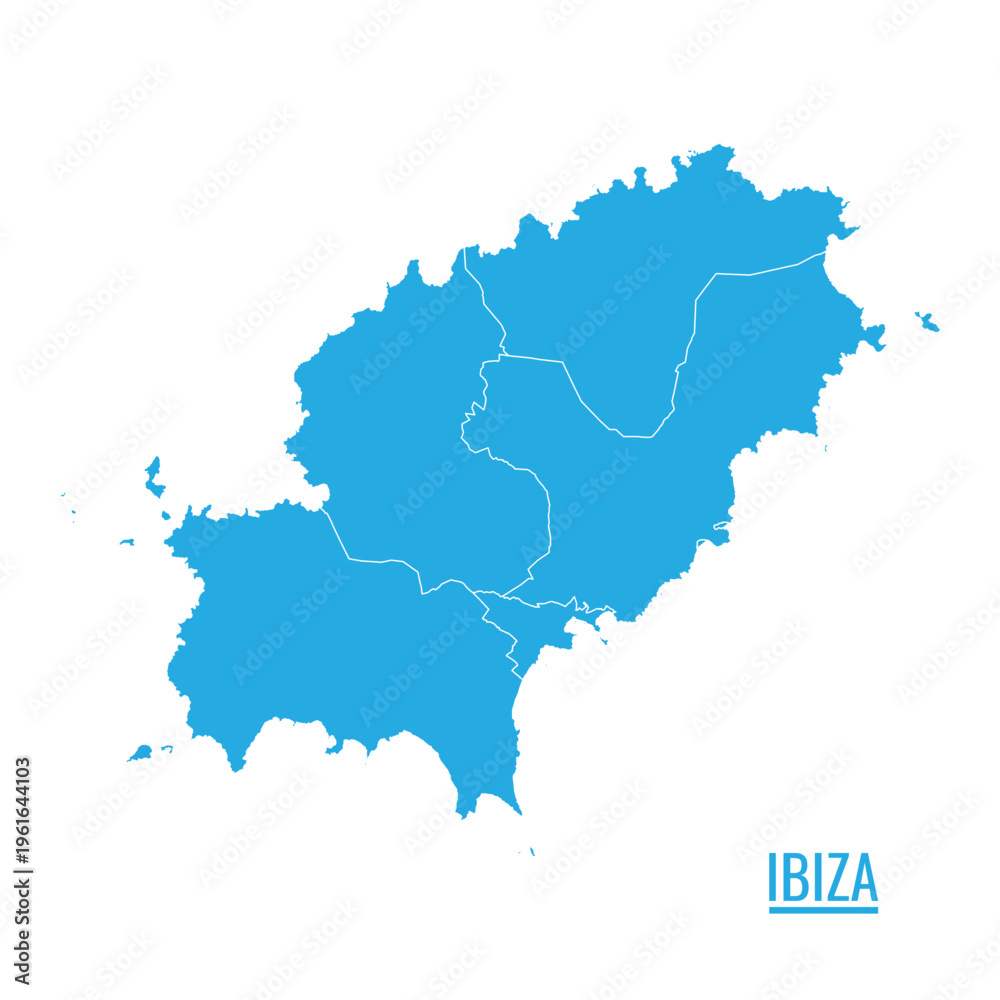 Obraz premium Ibiza island map featuring bright blue solid silhouette with internal white administrative border lines included