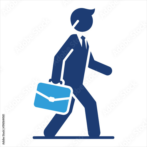 Stylized graphic shows a businessman in a suit walking forward while carrying a briefcase in his hand.