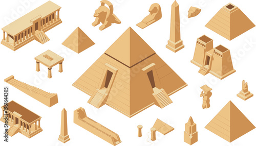 Isometric ancient Egypt monuments, pyramids, temples, sphinx statues, obelisks, Egyptian architecture collection, historical civilization elements isolated on white background