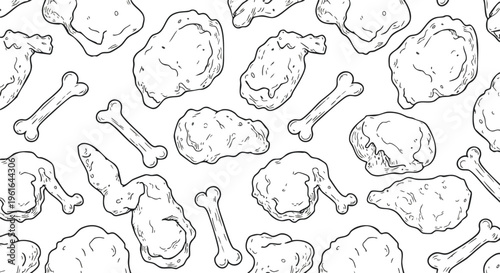 Assortment of fried chicken pieces and scattered bones in a repeating monochrome pattern for culinary graphic design applications