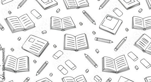 Educational stationery objects books pencils erasers in a seamless pattern on a clean white backdrop resource for design projects and backgrounds