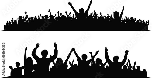 Crowd silhouettes banners set, cheering people celebration audience concert event illustration design
