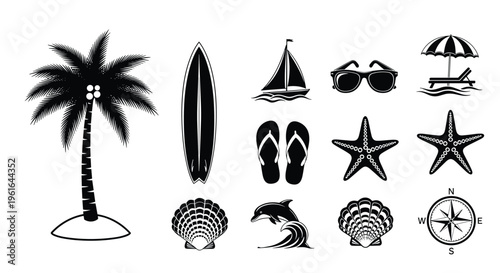 Summer beach vacation icon set with palm tree surfboard seashell starfish dolphin and nautical symbols for travel brochures posters stickers and web design
