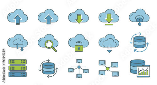 Cloud Computing Icons: Upload, Download, Security, Network, Database, Analytics
