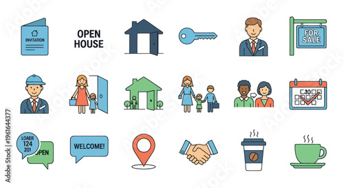Real Estate Icons: Open House, Family, Agent, House, Key, Sale, Welcome