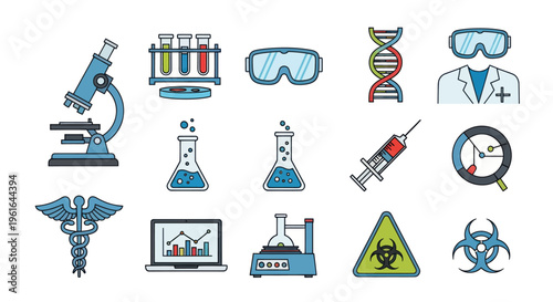 Medical Science Technology Icons: Microscope, DNA, Syringe, Lab Equipment, Safety Gear