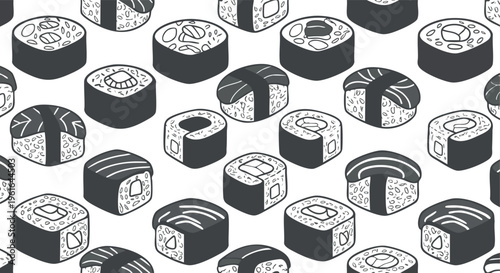 Diverse sushi and maki rolls forming a seamless monochrome pattern on a clean white background for culinary and design projects