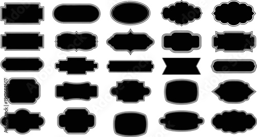 Collection of various black vintage labels, frames, and badges with white outlines, vector illustration.