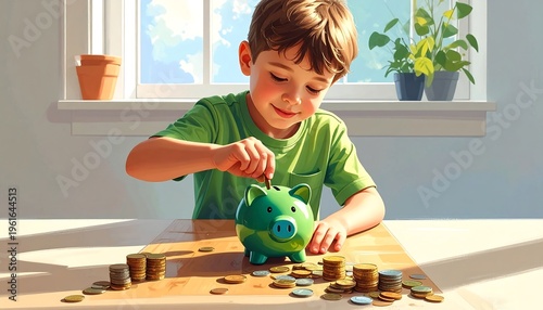 A young boy puts a coin into a piggy bank with a bright window backdrop