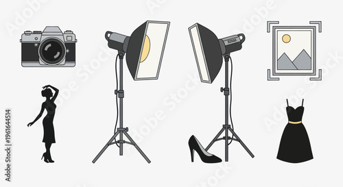 Photography Studio Icons: Camera, Lights, Model, Dress, Image Frame