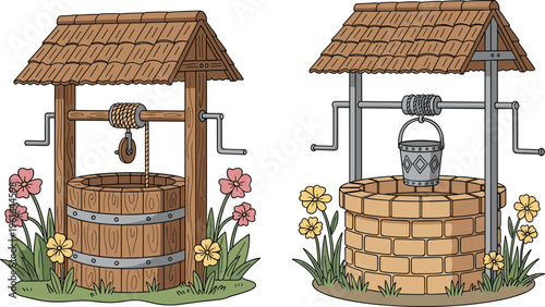 Traditional wooden and brick water wells with crank handles, rustic roofs, flowers, foliage, rural architecture, countryside heritage, decorative bucket, pulley system