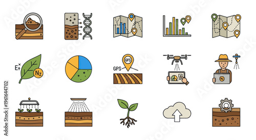 Smart Agriculture Icons: Technology in Farming, Soil Science, Drones, GPS, Data Analysis