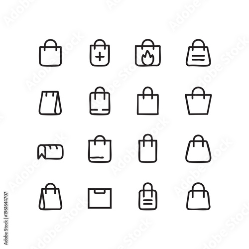 A collection of various shopping bags with different designs and styles are displayed on a clean white background in a simple line art illustration.