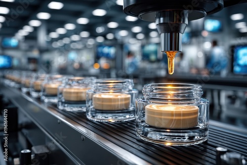 Automated production line dispensing liquid into glass jars for cosmetic products in a modern manufacturing facility