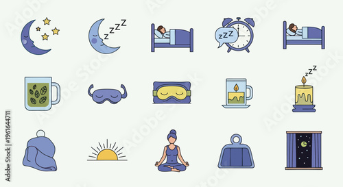 Sleep Icons Set: Moon, Stars, Bed, Alarm Clock, Pillow, Candle, Tea, Yoga, Sunrise