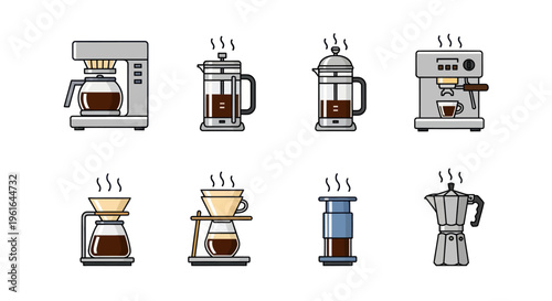 Coffee Maker Icons: Drip, French Press, Espresso, Pour Over, AeroPress, Moka Pot