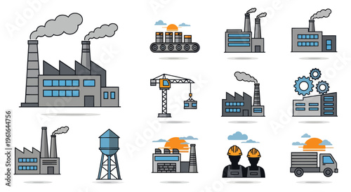 Industrial Factory Icons Set: Manufacturing Plant, Crane, Truck, Workers, Gears, Water Tower