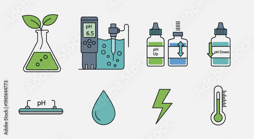 Set of Icons: pH Meter, Dropper Bottles, Plant, Thermometer, Water Drop