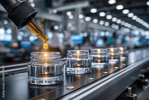 Automated production line dispensing liquid into glass jars for cosmetic products in a modern manufacturing facility