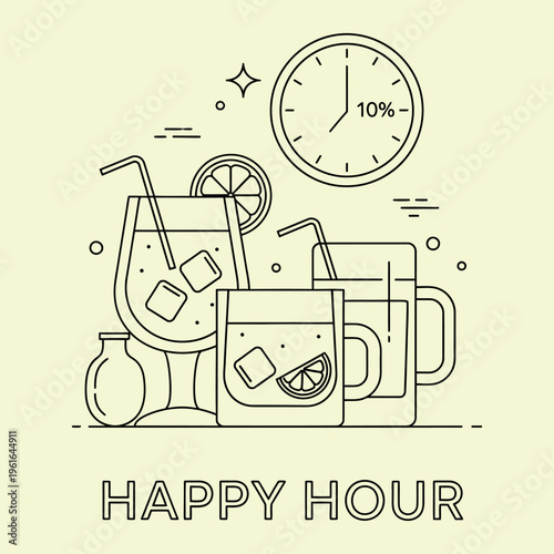 Wallpaper Mural Happy hour line with drinks and clock line minimal simple black and white yellow background Torontodigital.ca