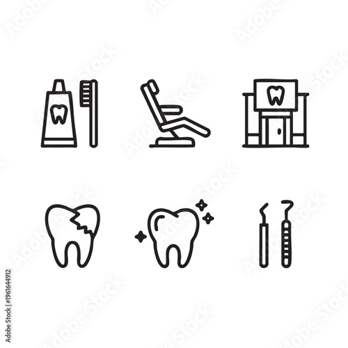 Dental care icons depict a toothbrush, toothpaste, and dental chair alongside a cracked tooth, a healthy tooth with sparks, and dental tools.