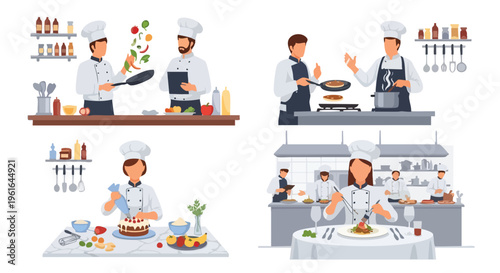 Professional chefs engaged in diverse culinary activities within modern kitchen settings and elegant plating scenarios demonstrating expertise