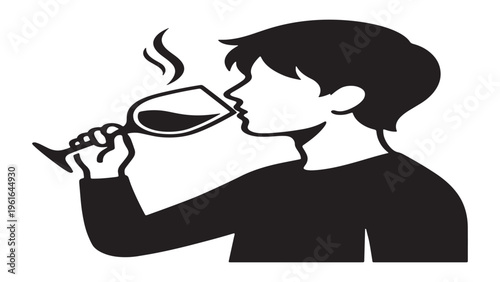 Side profile silhouette of a man enjoying a drink, elegant lifestyle concept, isolated on white background.