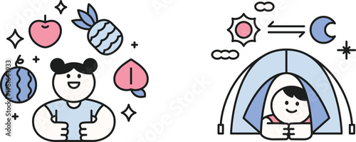 A cheerful character surrounded by fruits and camping scene with a happy camper under the stars at night