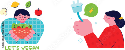 Children embracing vegan lifestyle while an adult holds a plug symbolizing energy and sustainability together joyfully