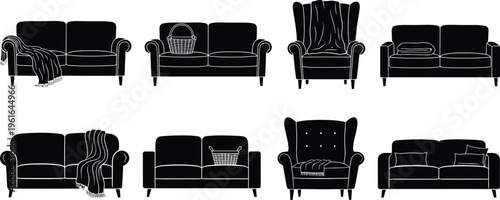 A collection of various sofas and armchairs displayed as simple black and white line art icons