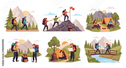 Hikers and campers engaging in various outdoor adventure activities across mountainous natural landscapes illustrating recreation