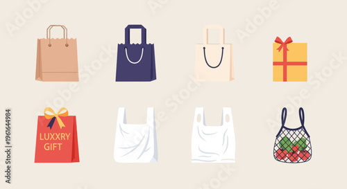Collection of Shopping Bags and Gift Boxes on a Light Background