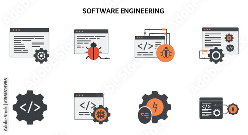 Software Engineering Icons: Coding, Debugging, Development, System Settings, and Technology