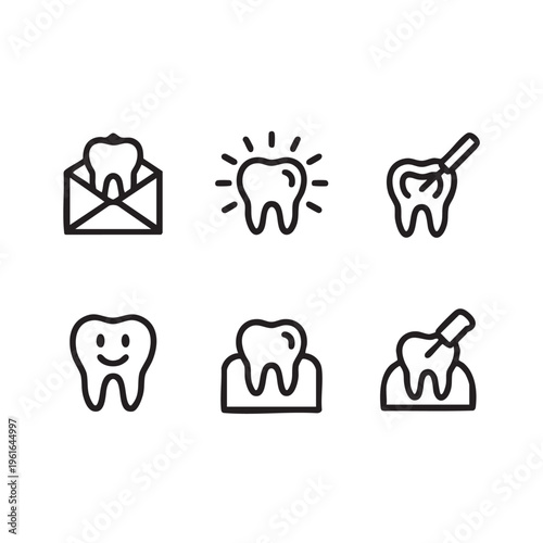A set of six dental icons featuring various illustrations of teeth and a tooth in an envelope with a smile on a white surface.