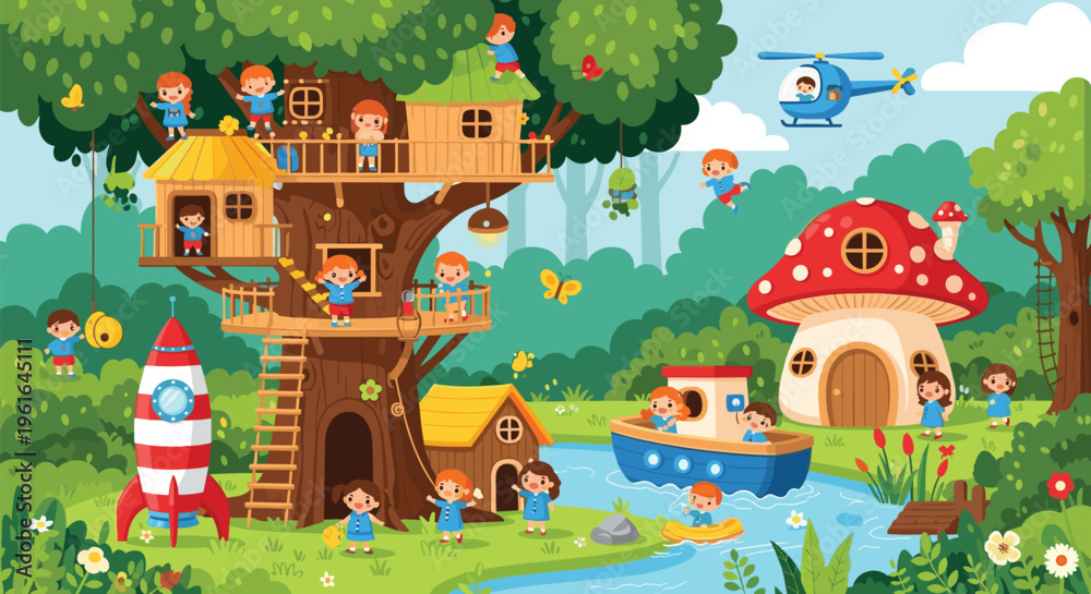 Fototapeta premium Whimsical forest treehouse scene with children playing, rocket, mushroom house, river, boat, helicopter, lush greenery, butterflies, joyful outdoor adventure atmosphere