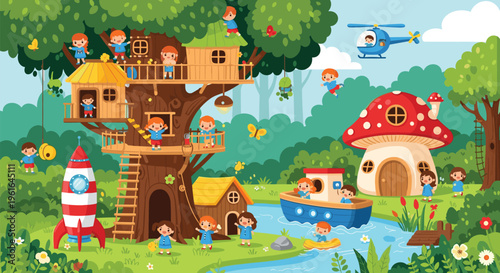Whimsical forest treehouse scene with children playing, rocket, mushroom house, river, boat, helicopter, lush greenery, butterflies, joyful outdoor adventure atmosphere